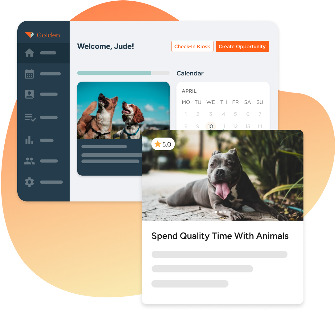 Golden volunteer management dashboard displaying volunteer opportunities for an animal shelter.