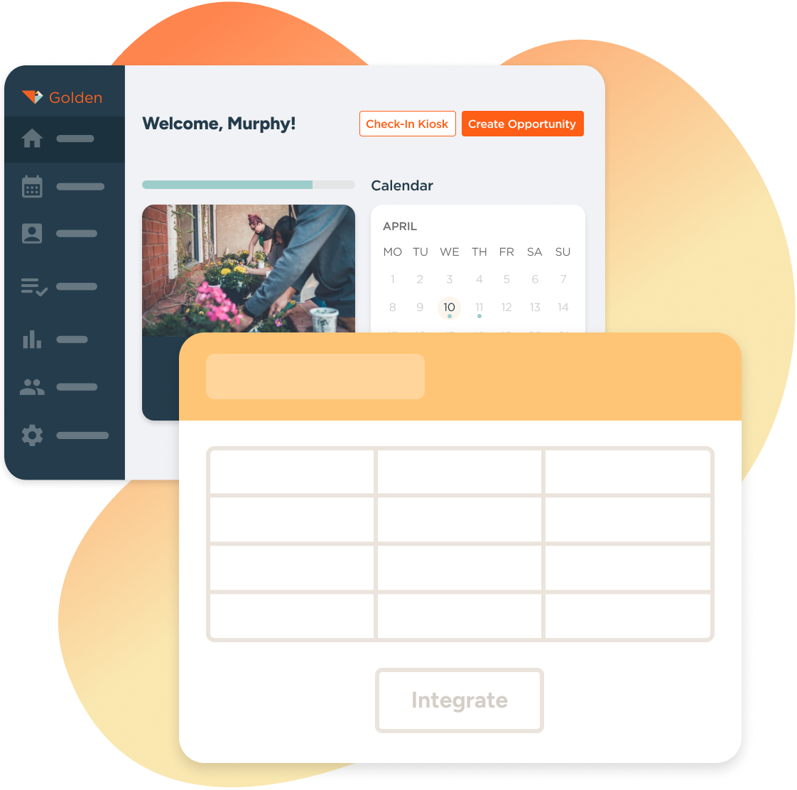 Golden volunteer management dashboard displaying a welcome screen and a integration screen.
