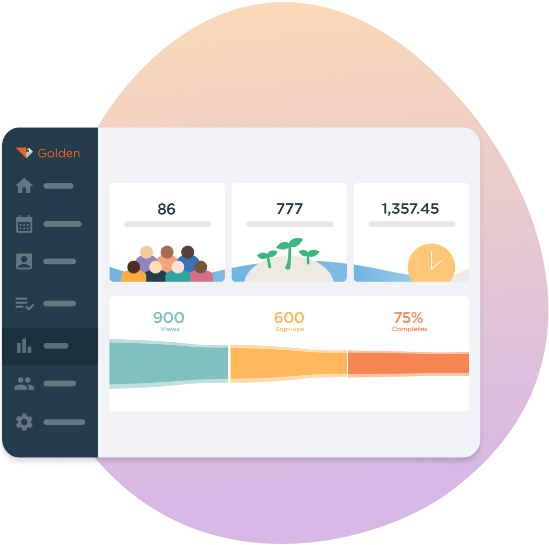 Golden volunteer management dashboard displaying engagement metrics including number of events, volunteer sign-ups, donation value, and completion rates.