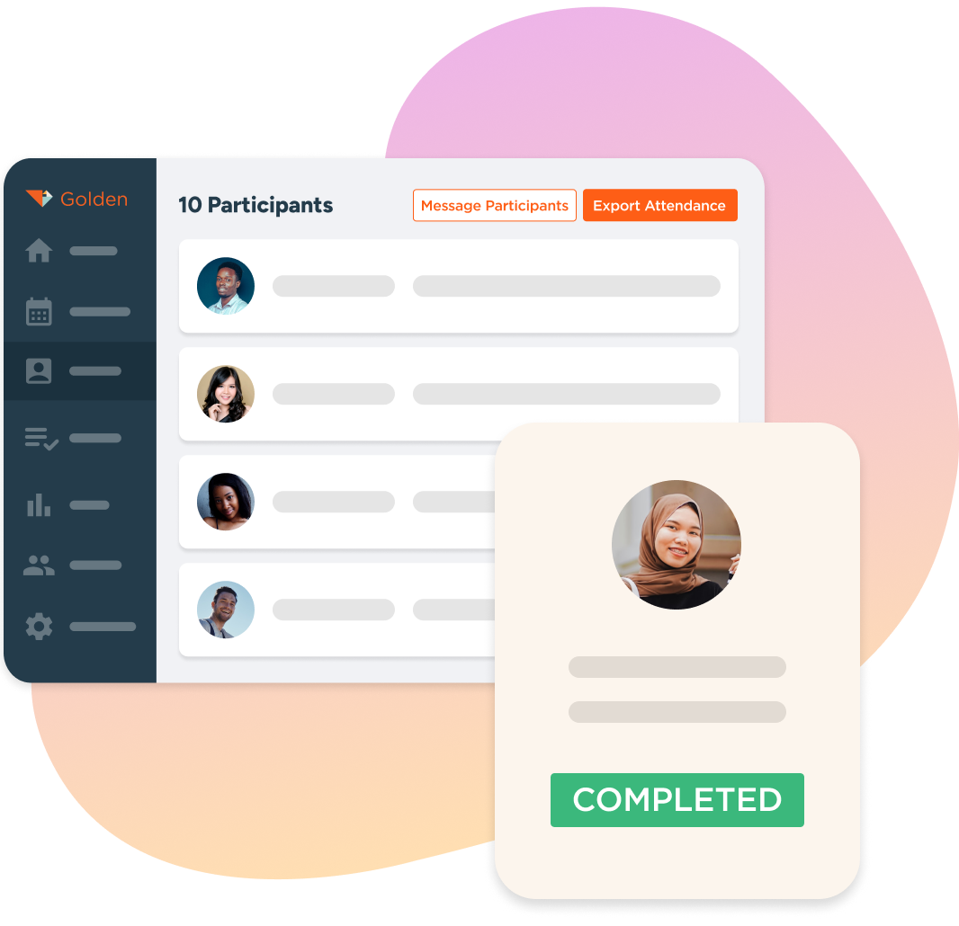 Golden volunteer management dashboard displaying a welcome screen including participant data and a participant card with completed information.