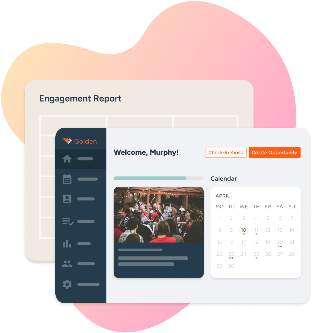 Golden volunteer management dashboard displaying the home screen with the calendar, opportunities, and an engagement report.