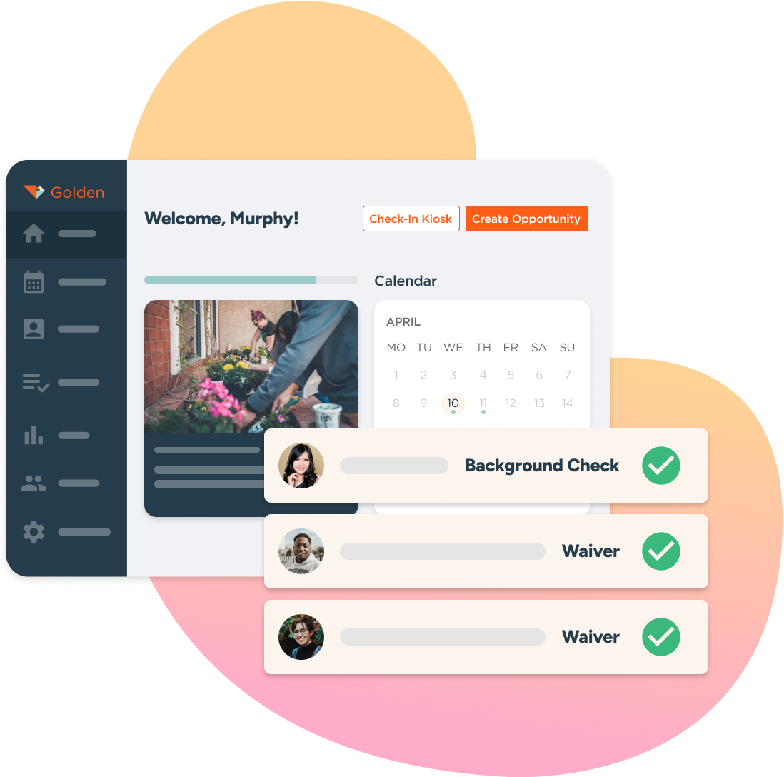 Golden volunteer management dashboard displaying engagement metrics including background checks, waivers, and compliance status.