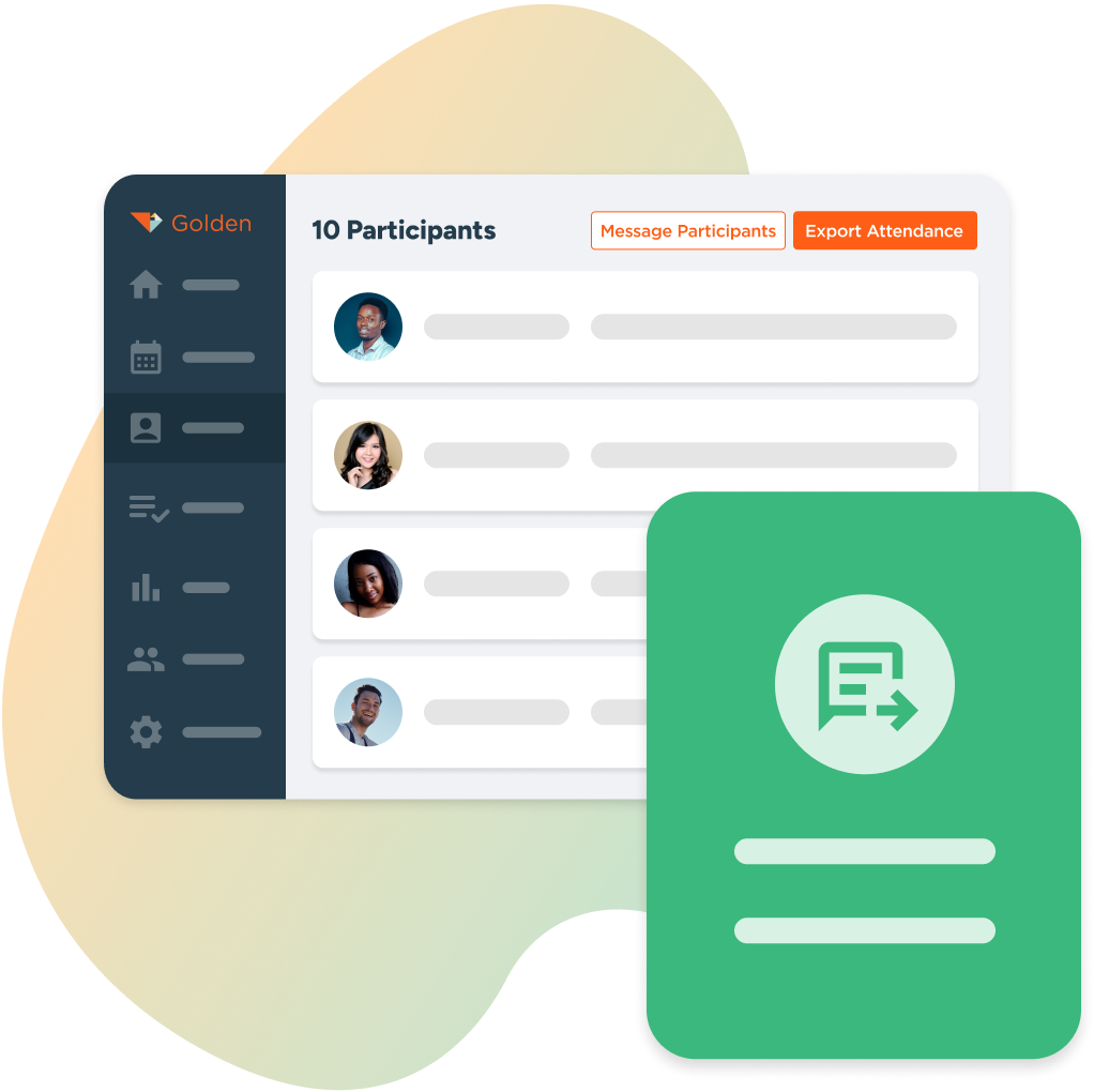Golden volunteer management dashboard displaying engagement metrics, participants registered, and an icon showing documentation needed.