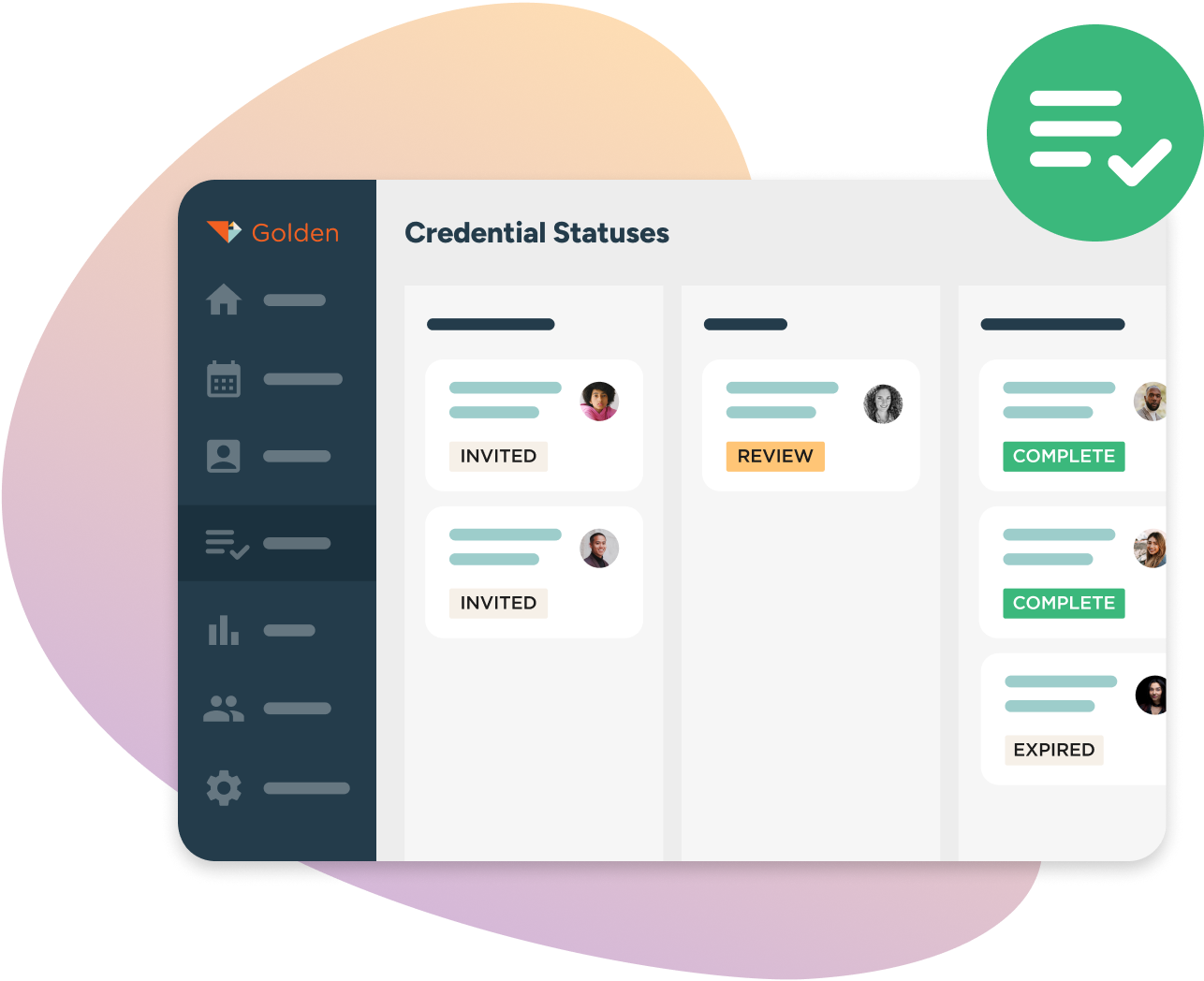 Golden volunteer management dashboard displaying credential status for participants.