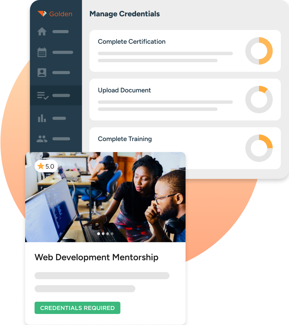 Golden volunteer management dashboard displaying credentials for a participant as well as the opportunity they've signed up for.