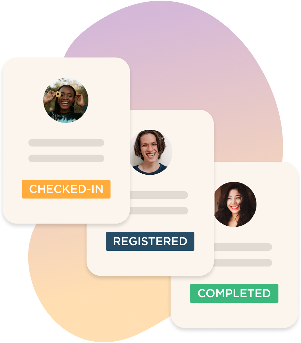 Golden volunteer management dashboard displaying the status of a volunteer's engagement including checked-in, registered, and completed.
