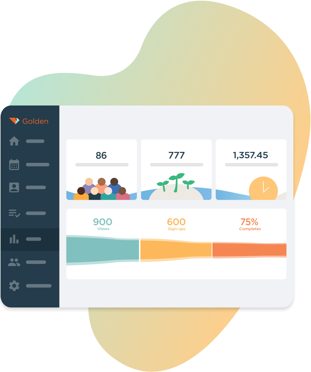 Golden volunteer management dashboard displaying engagement metrics including number of events, volunteer sign-ups, donation value, and completion rates.