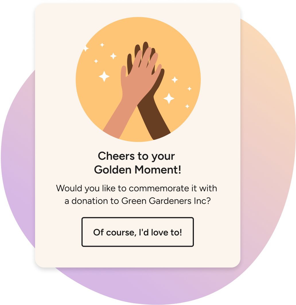 Golden volunteer management dashboard displaying a message thanking a volunteer for participating with a nonprofit organization.