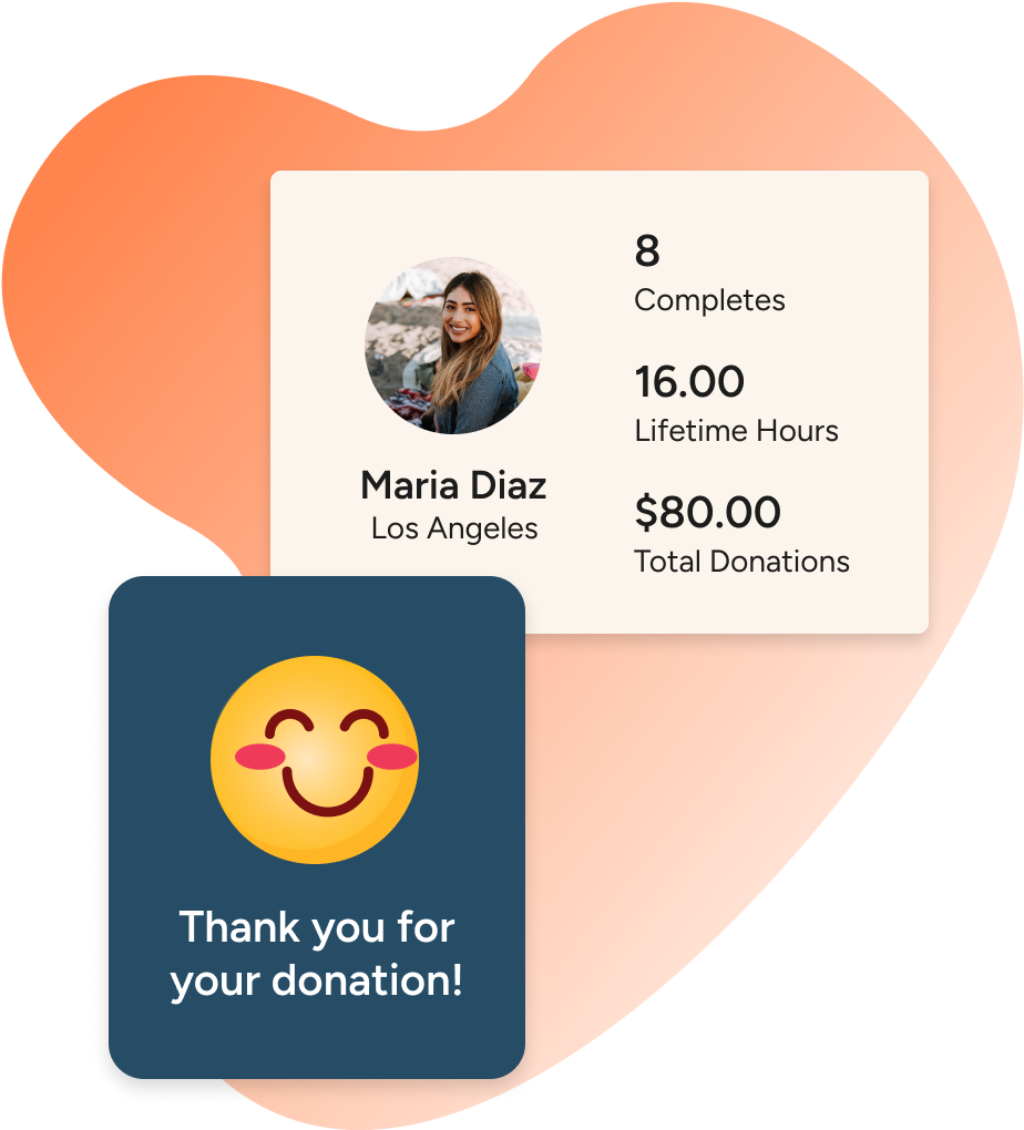 Golden volunteer management dashboard displaying participant and donation information.