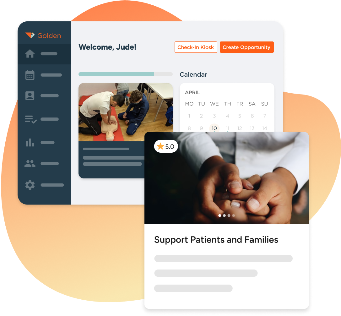 Golden volunteer management dashboard displaying volunteer opportunity for a healthcare organization or healthcare foundation.