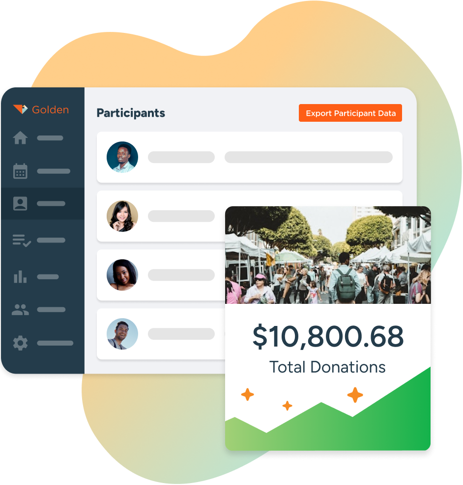 Golden volunteer management dashboard displaying participant information and donation information .