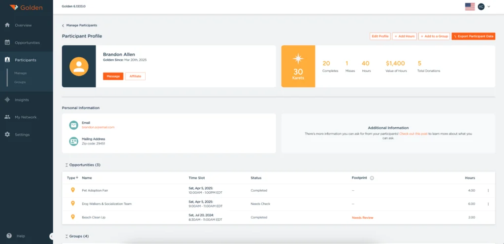 Golden volunteer profile showing individual participant metrics, engagement history, and fundraising contributions tracked in the platform