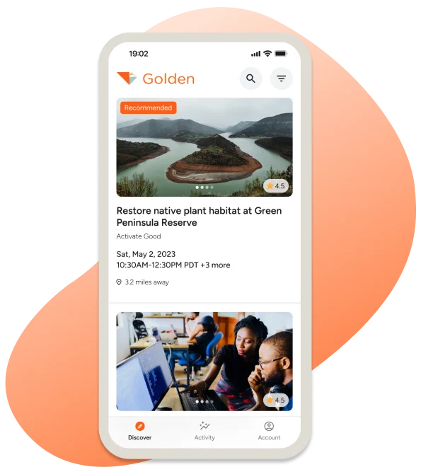 Golden volunteer mobile app displaying opportunity discovery, event details, check-in functionality, and activity tracking on iOS and Android